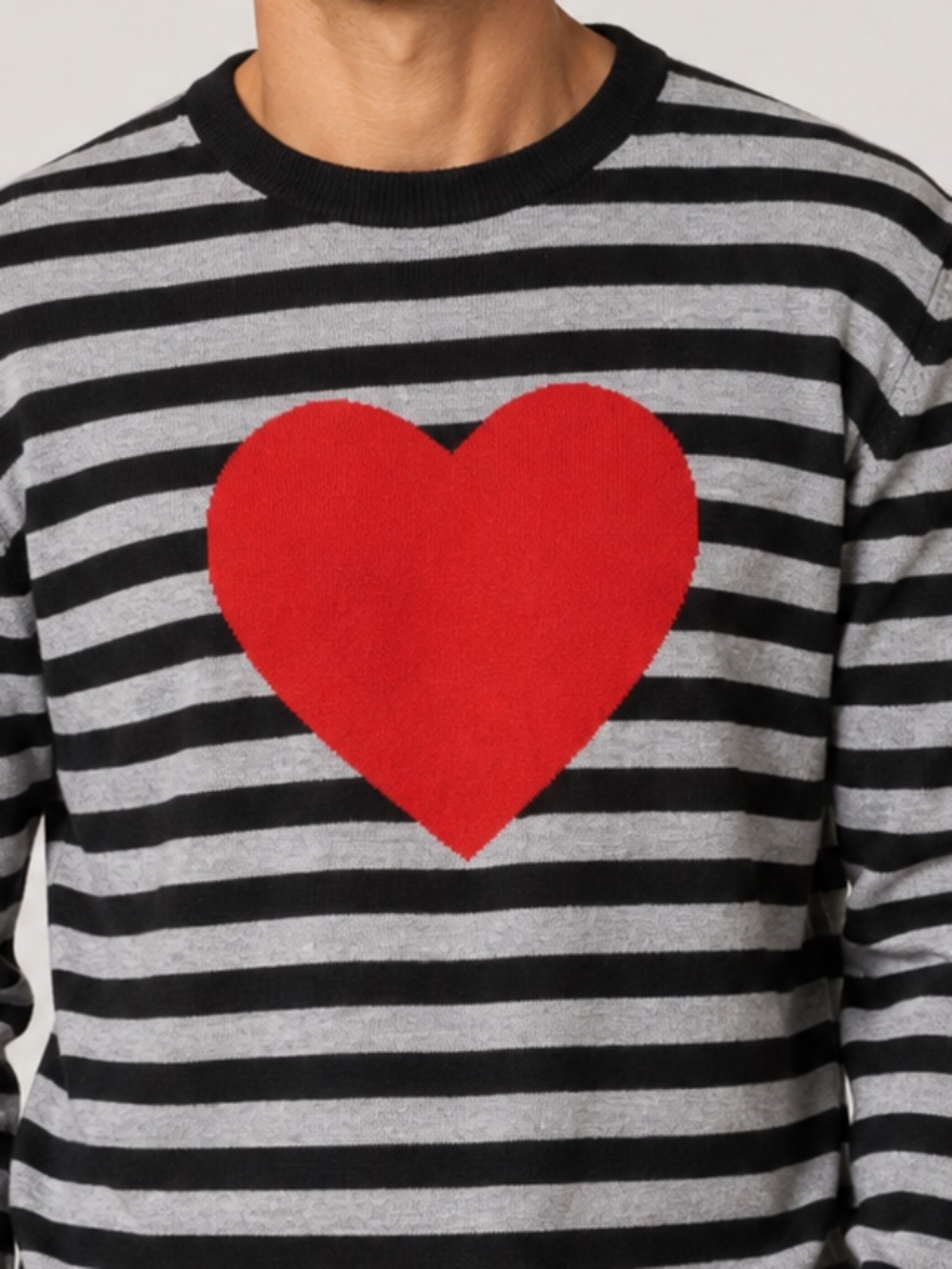Mr Turk Men’s LARGE Merino Wool Striped Heart Sweater Black Gray Red